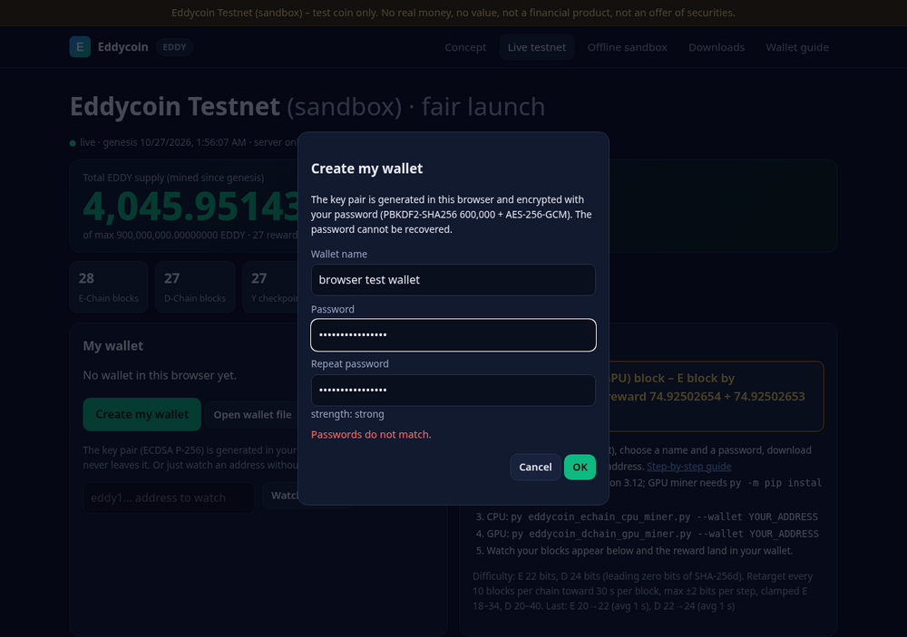 /live: Create my wallet dialog with name and password fields