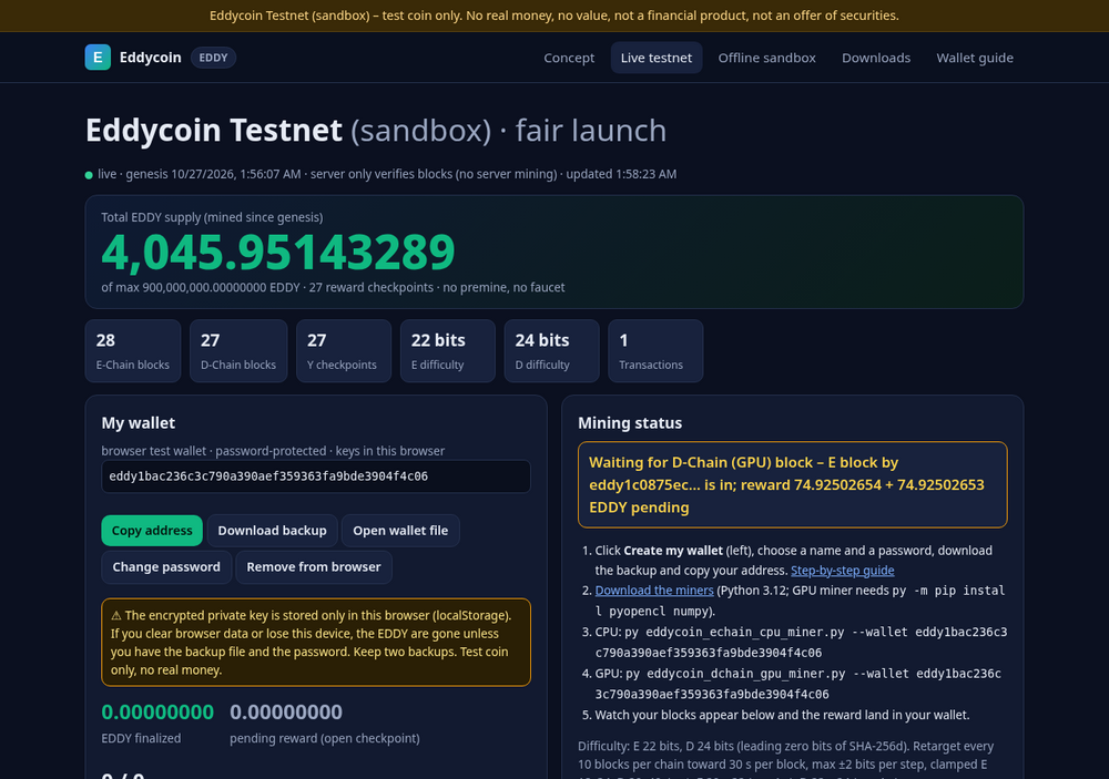 /live: My wallet card with address, Copy address and Download backup