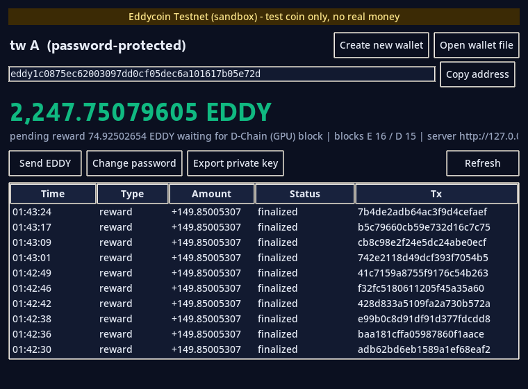 Eddycoin Wallet main window with balance and history