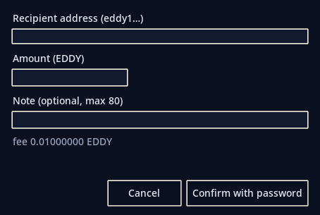 Send EDDY dialog with recipient, amount, note, fee